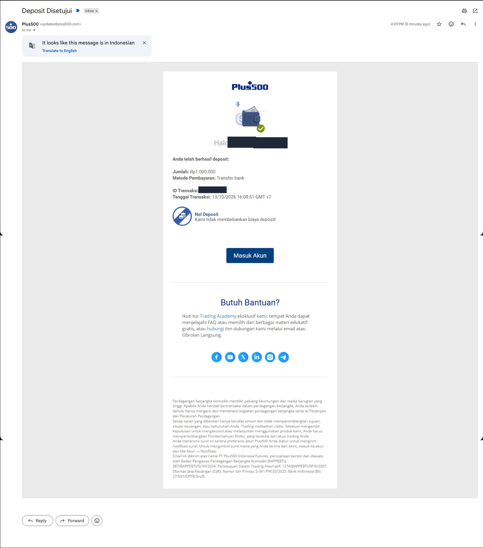 Email deposit disetujui Rp1.000.000