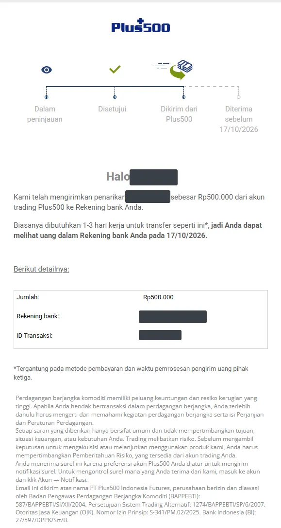 Email Plus500: uang penarikan telah dikirim ke rekening bank
