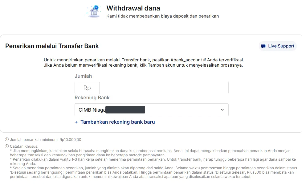 Formulir penarikan lewat transfer bank di WebTrader Plus500, nomor rekening disensor