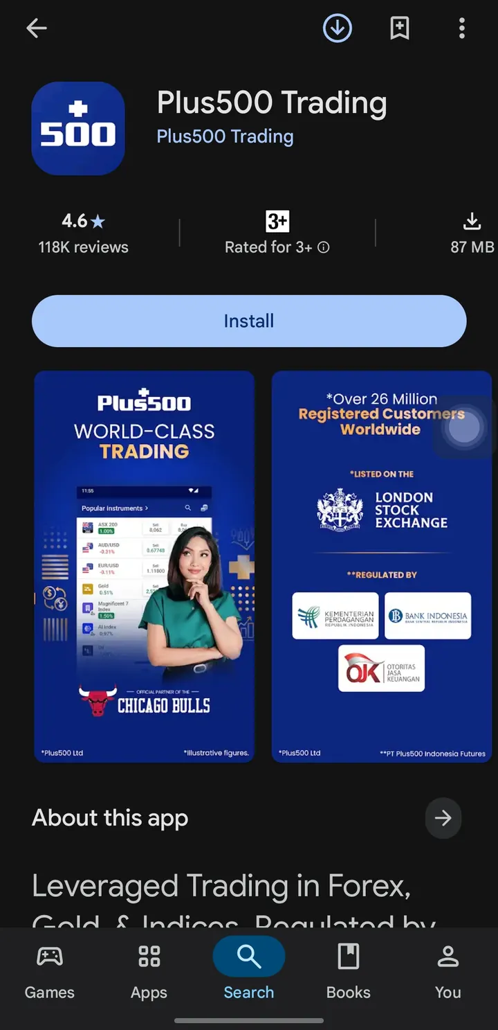 Listing aplikasi Plus500 di Google Play
