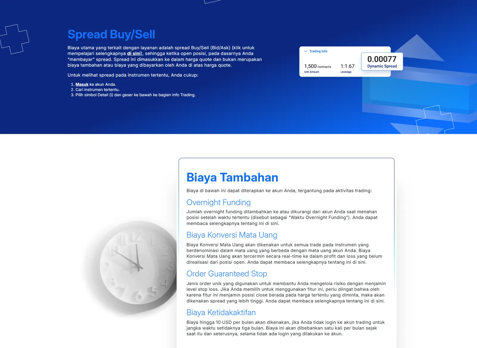 Halaman biaya Plus500: spread, overnight funding, konversi, dan ketidakaktifan