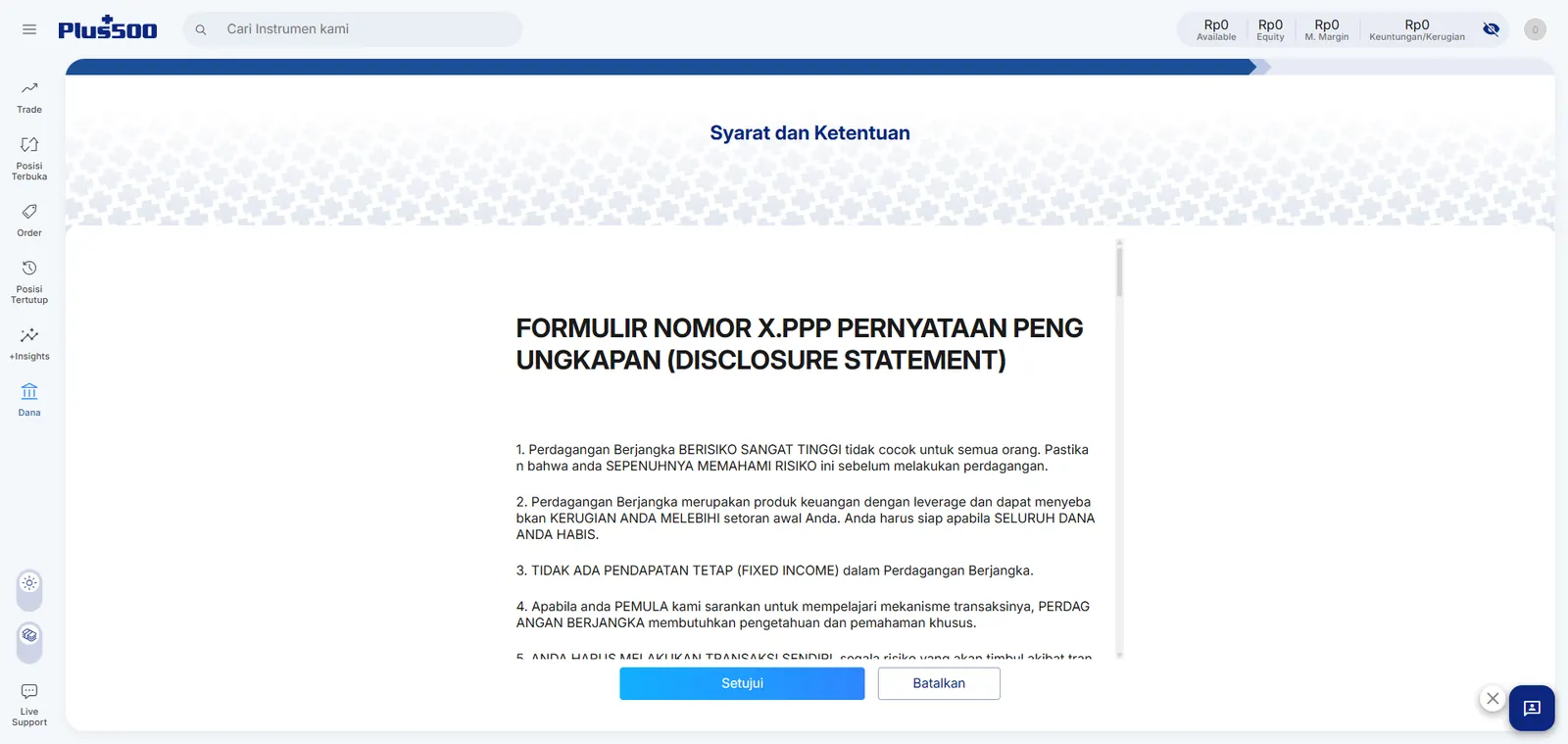 Pernyataan risiko perdagangan berjangka saat pendaftaran Plus500