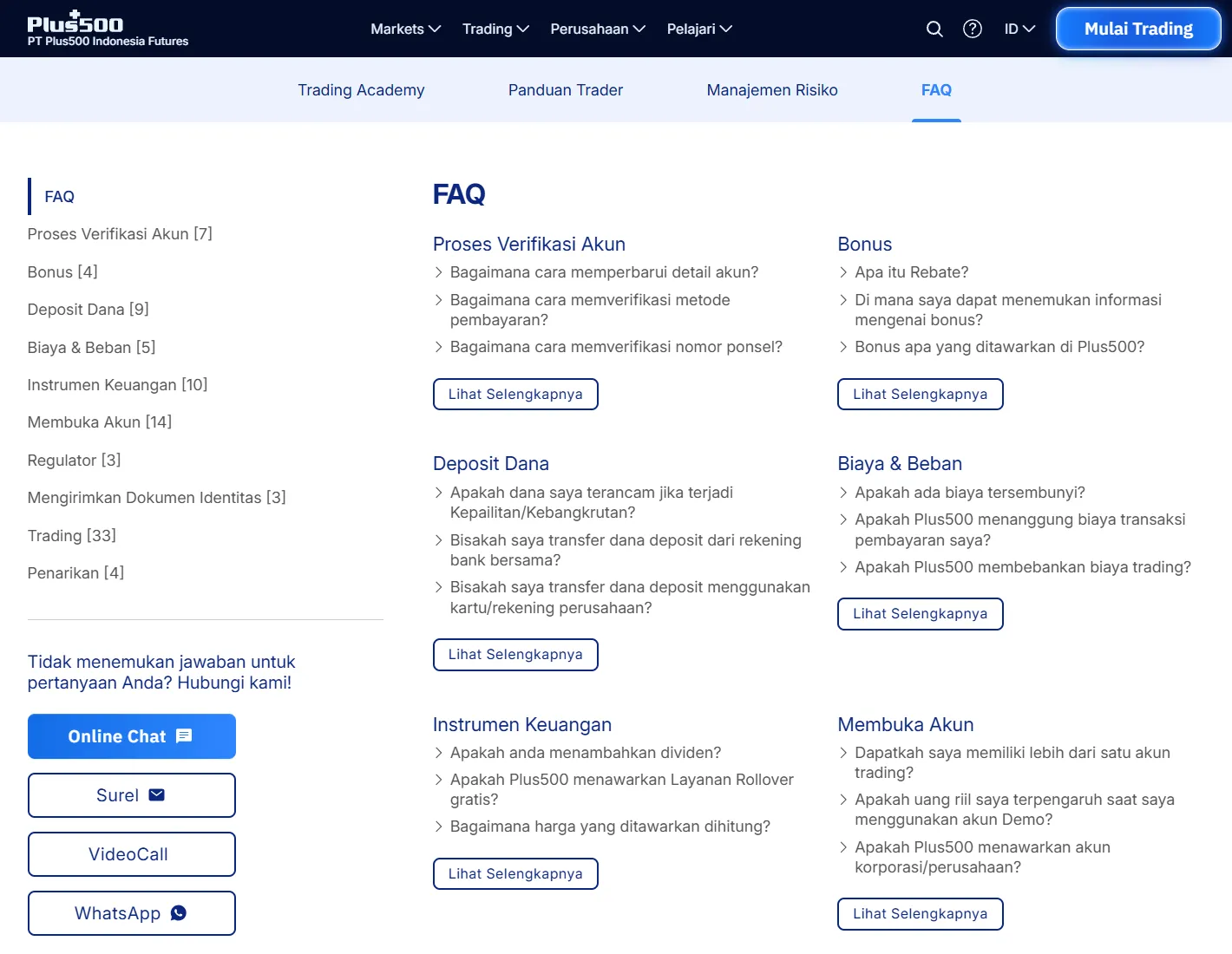 Halaman FAQ situs Plus500 Indonesia dengan tombol kontak