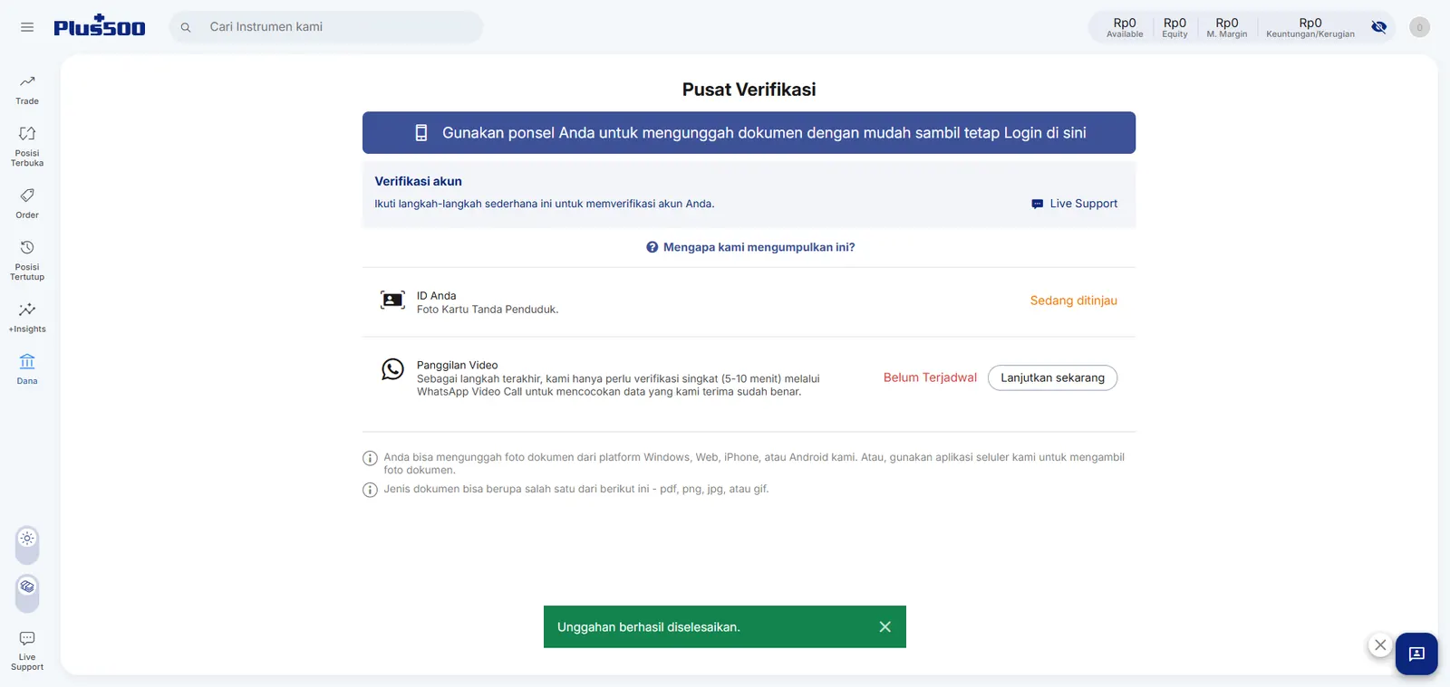 Pusat verifikasi Plus500 dengan langkah panggilan video WhatsApp