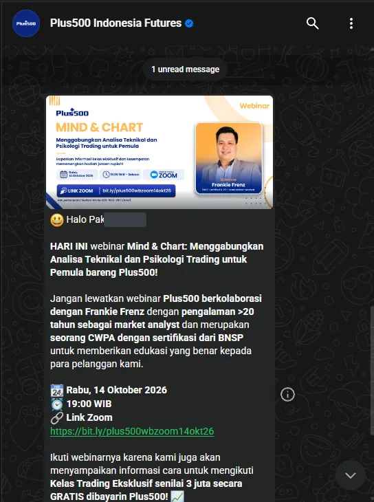 Undangan webinar Plus500 lewat WhatsApp