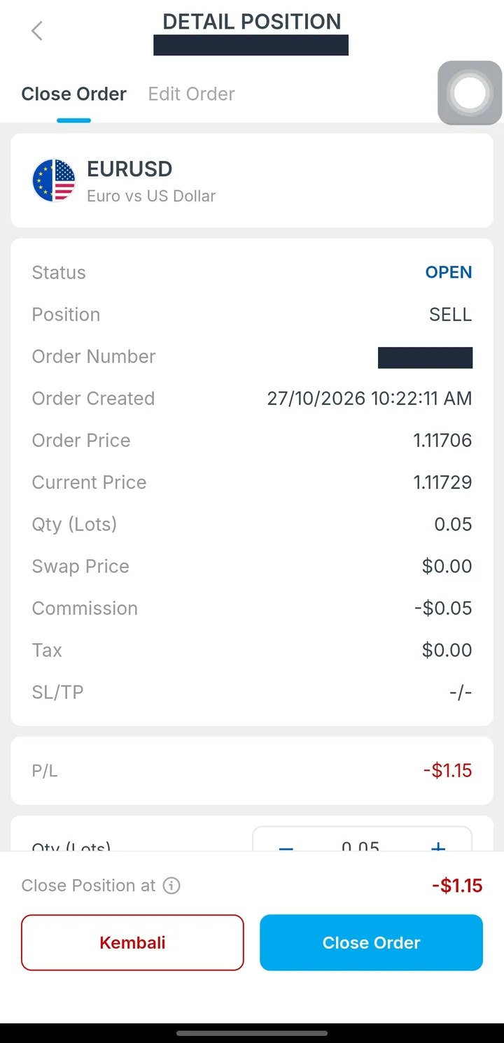 Detail posisi jual EUR/USD 0,05 lot dengan komisi -$0,05