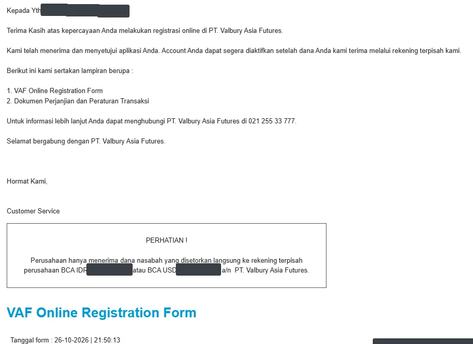 Email registrasi Valbury: aplikasi diterima dan disetujui, cap waktu formulir 21.50.13