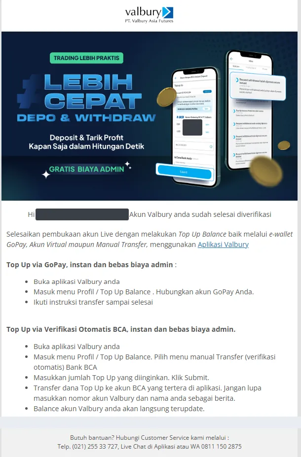 Email persetujuan akun Valbury dengan klaim top up bebas biaya admin