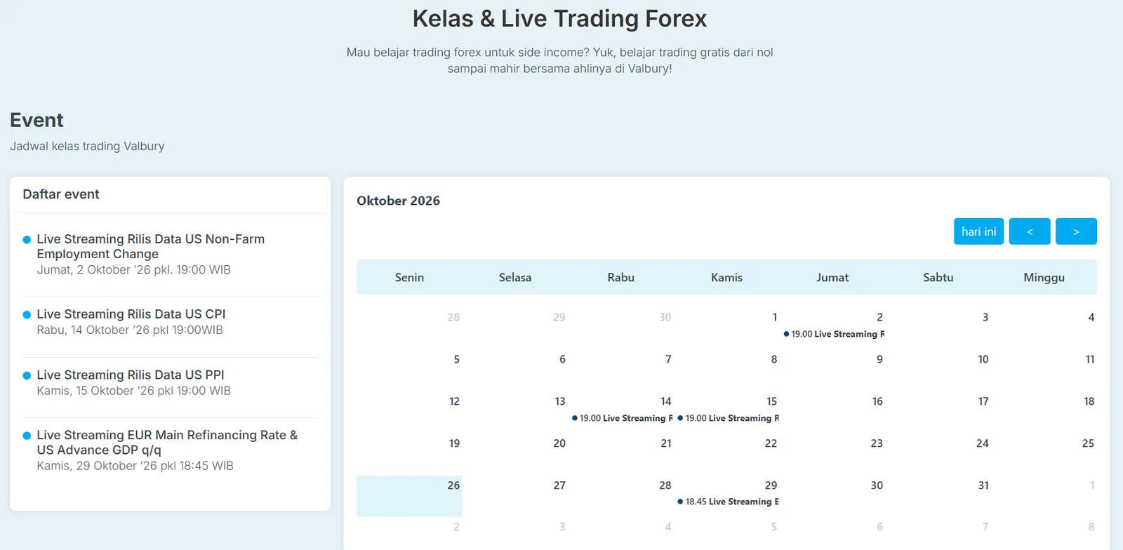 Jadwal Kelas & Live Trading Forex Valbury Oktober 2026