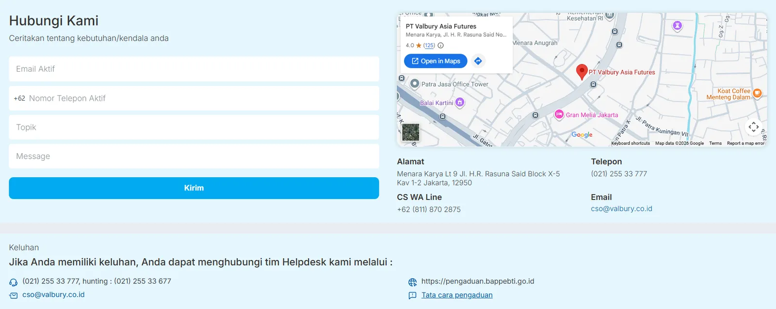 Halaman Hubungi Kami Valbury: kontak kantor pusat dan jalur keluhan