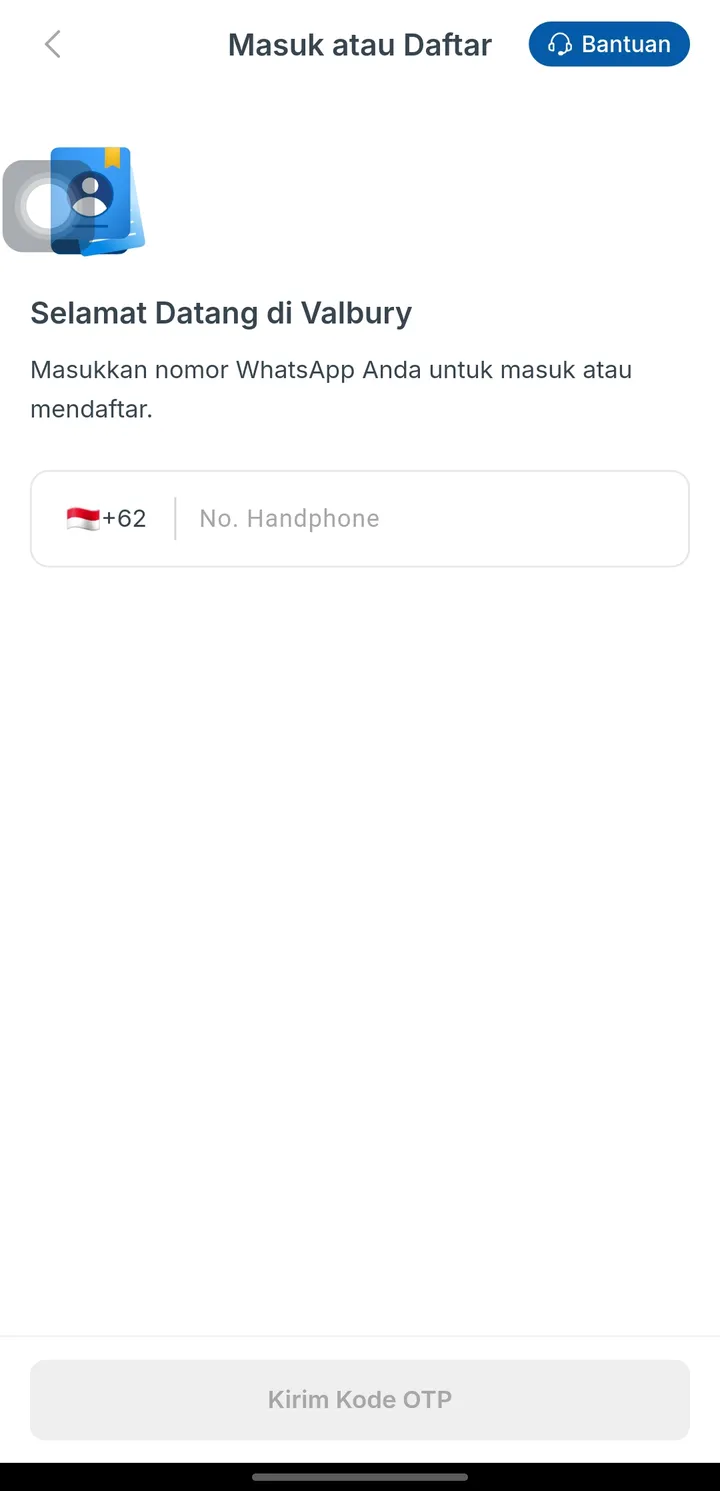 Layar masuk aplikasi Valbury dengan nomor WhatsApp