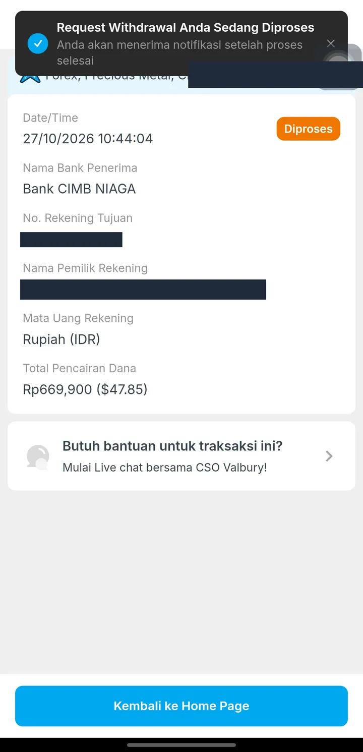 Penarikan Valbury Rp669.900 berstatus Diproses, data disensor