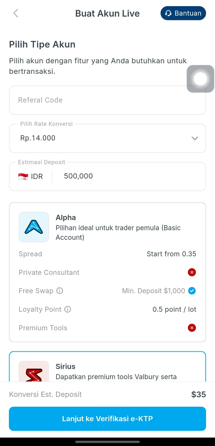 Pilihan kurs tetap Rp14.000 dan tipe akun Alpha di aplikasi Valbury