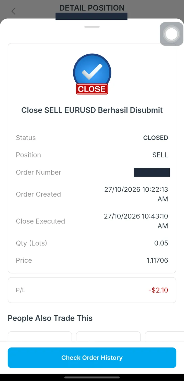 Konfirmasi posisi EUR/USD ditutup dengan P/L -$2,10