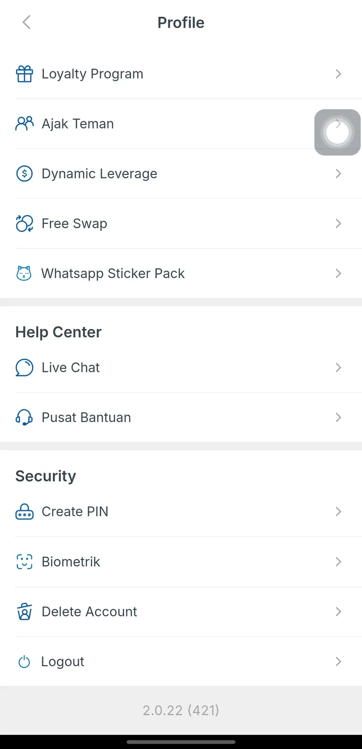 Menu profil Valbury dengan Dynamic Leverage, Free Swap, PIN, dan biometrik