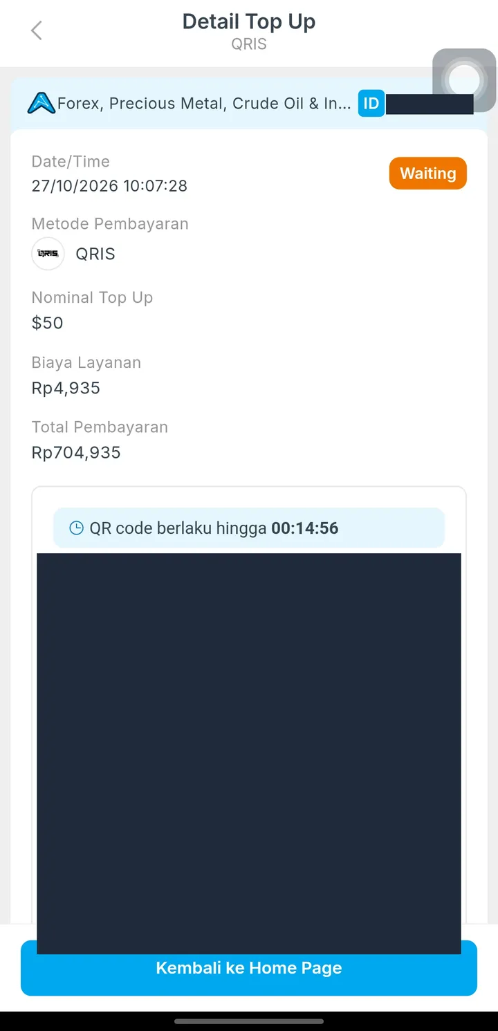 Detail top up QRIS $50 dengan biaya layanan, kode QR disensor