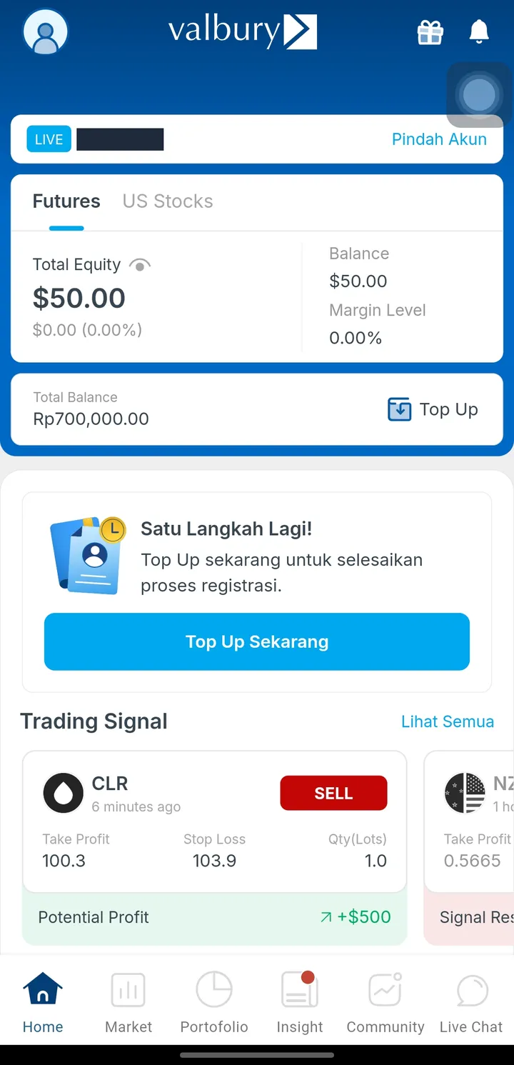 Saldo $50 dan total Rp700.000 di aplikasi Valbury