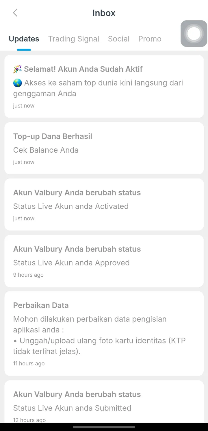Riwayat status akun di inbox aplikasi Valbury