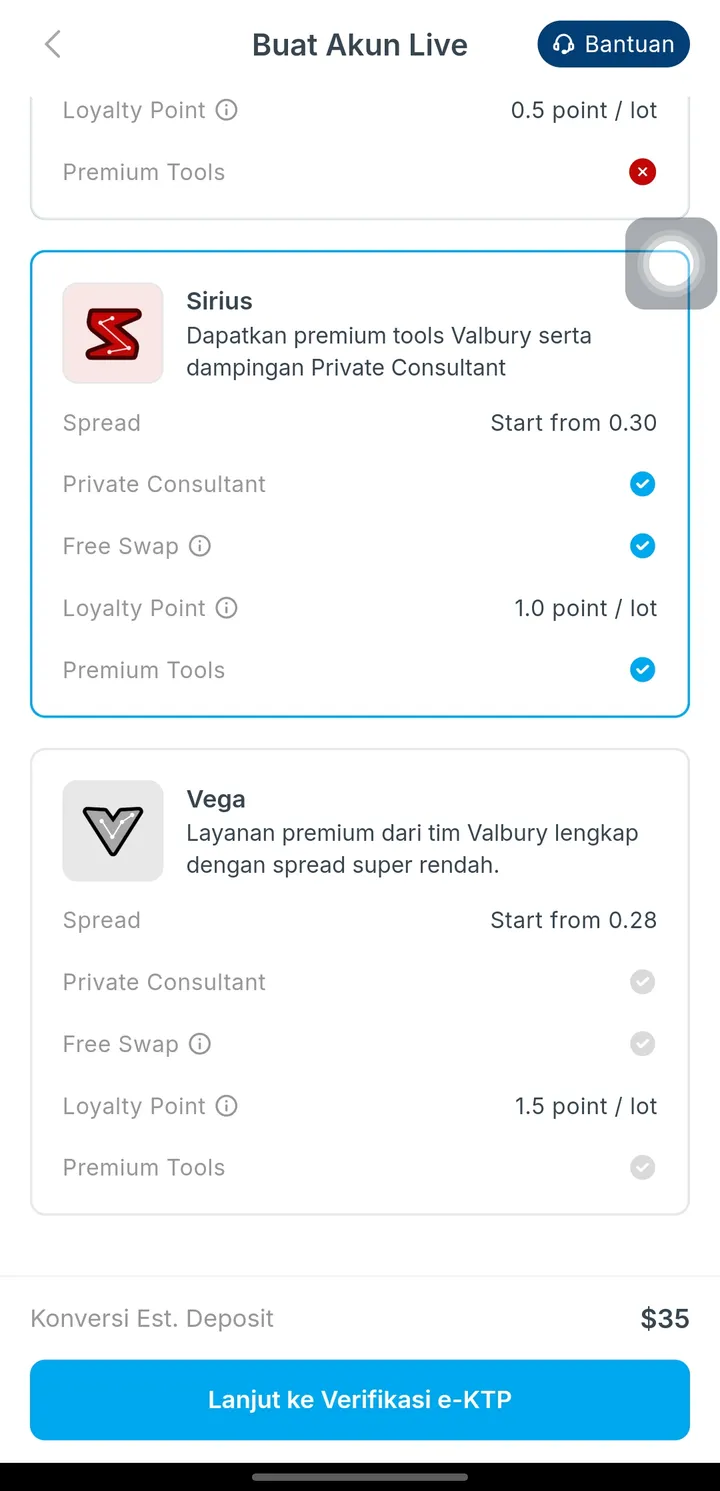 Kartu tipe akun Sirius dan Vega di aplikasi Valbury