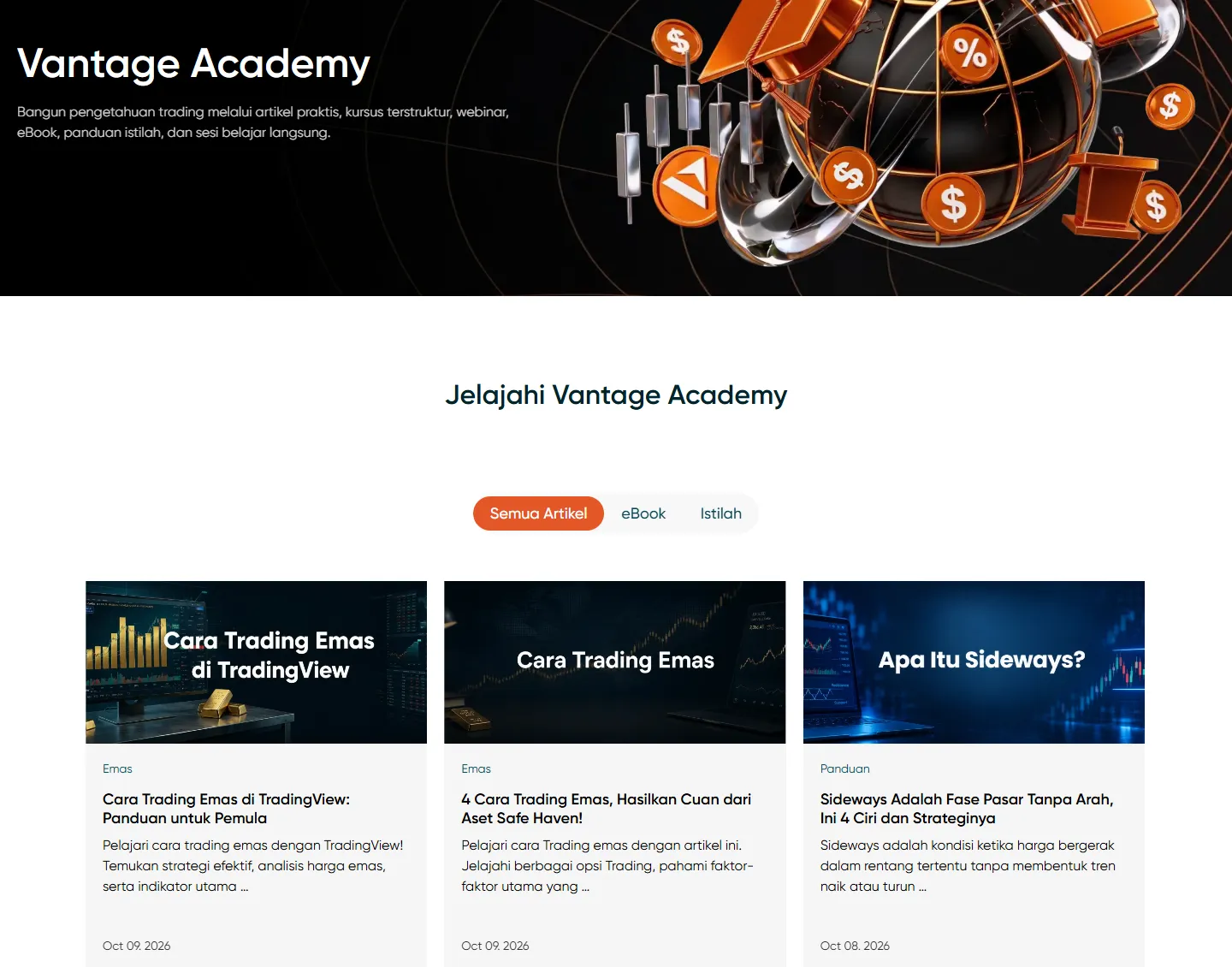 Halaman Vantage Academy dengan artikel edukasi