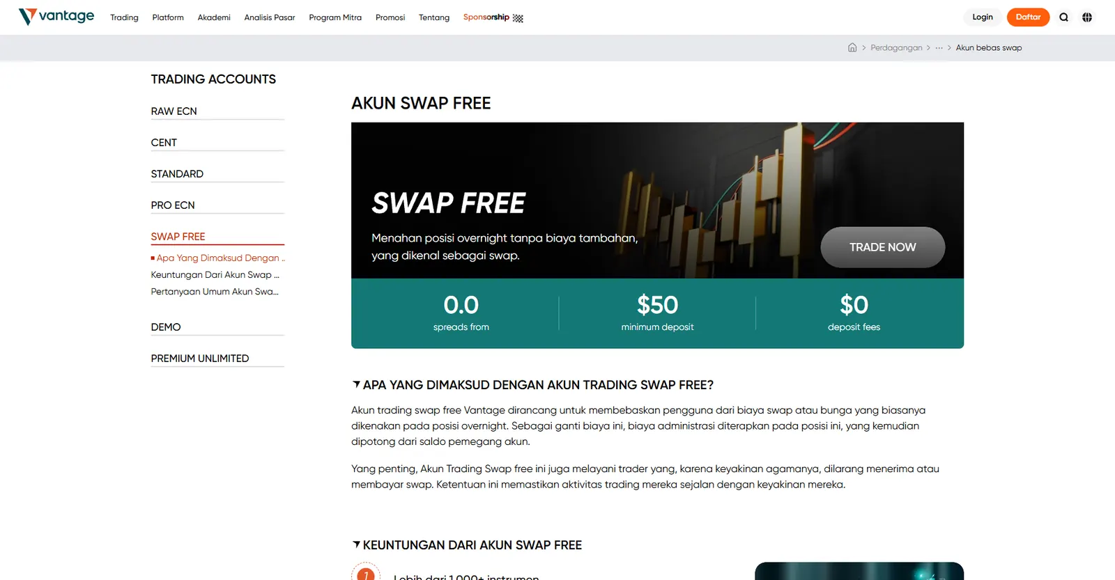 Halaman akun bebas swap Vantage