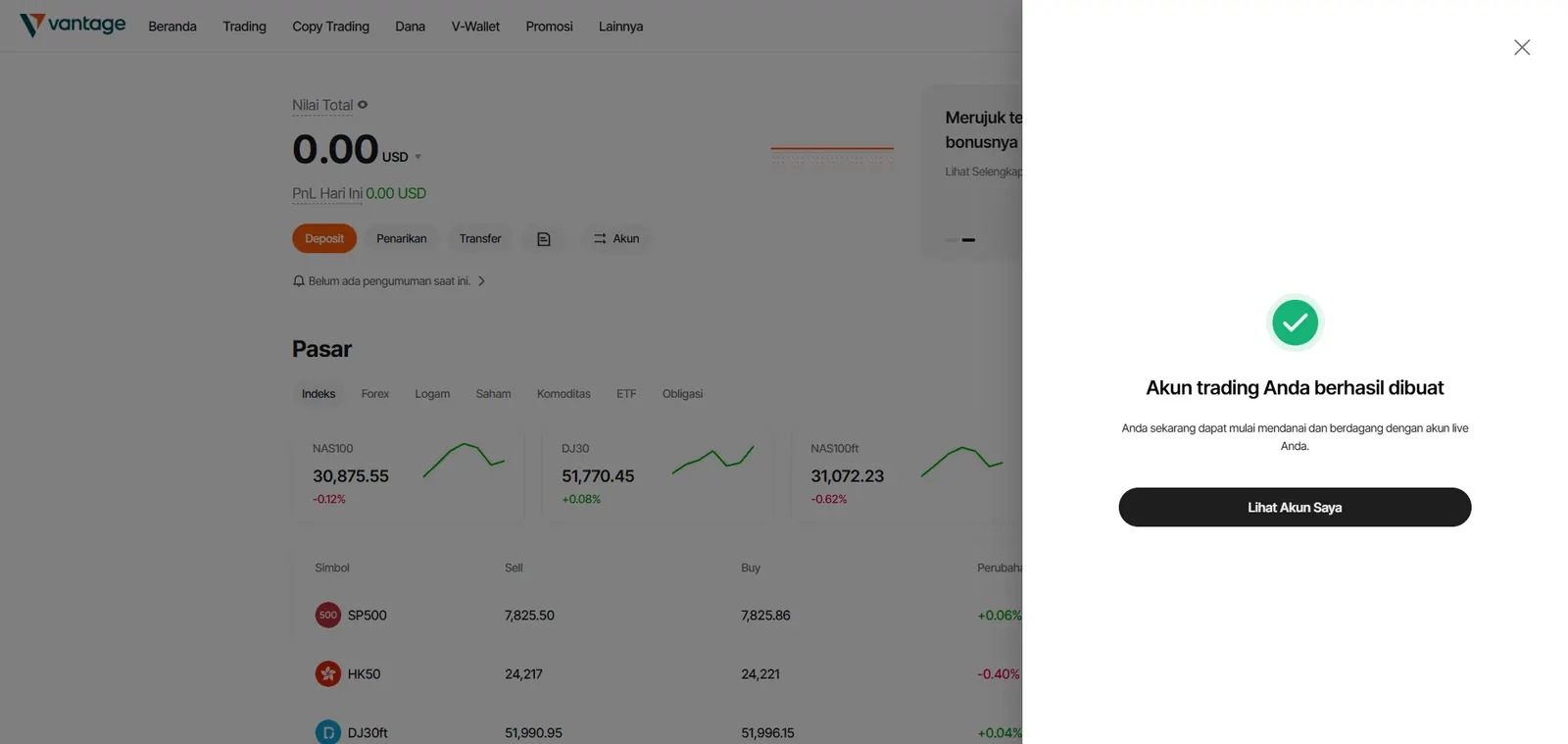 Konfirmasi akun trading live Vantage berhasil dibuat