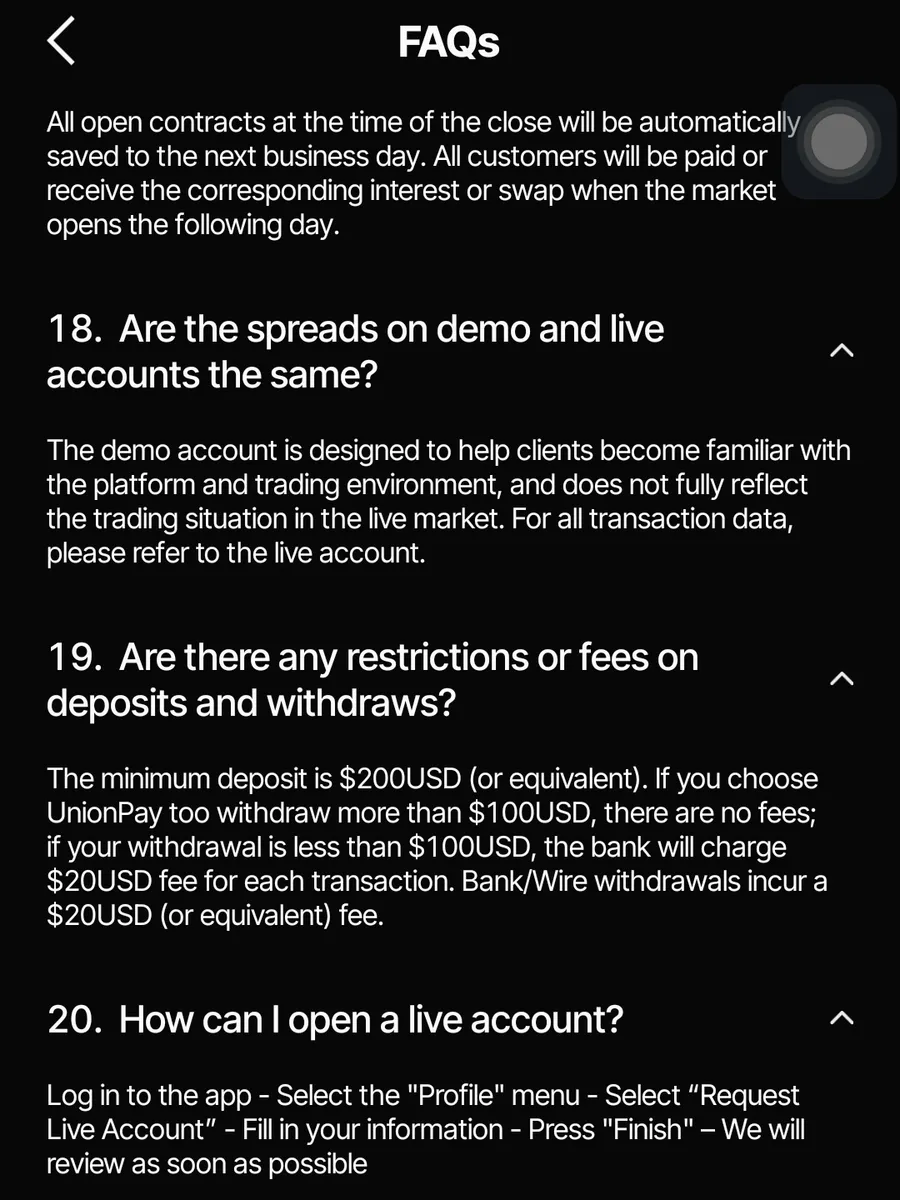FAQ di aplikasi Vantage yang menyebut minimum deposit 200 USD