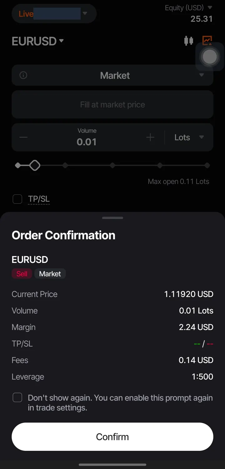 Konfirmasi order jual EURUSD di aplikasi Vantage