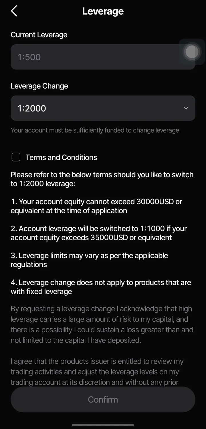 Pengaturan leverage 1:2000 di aplikasi Vantage