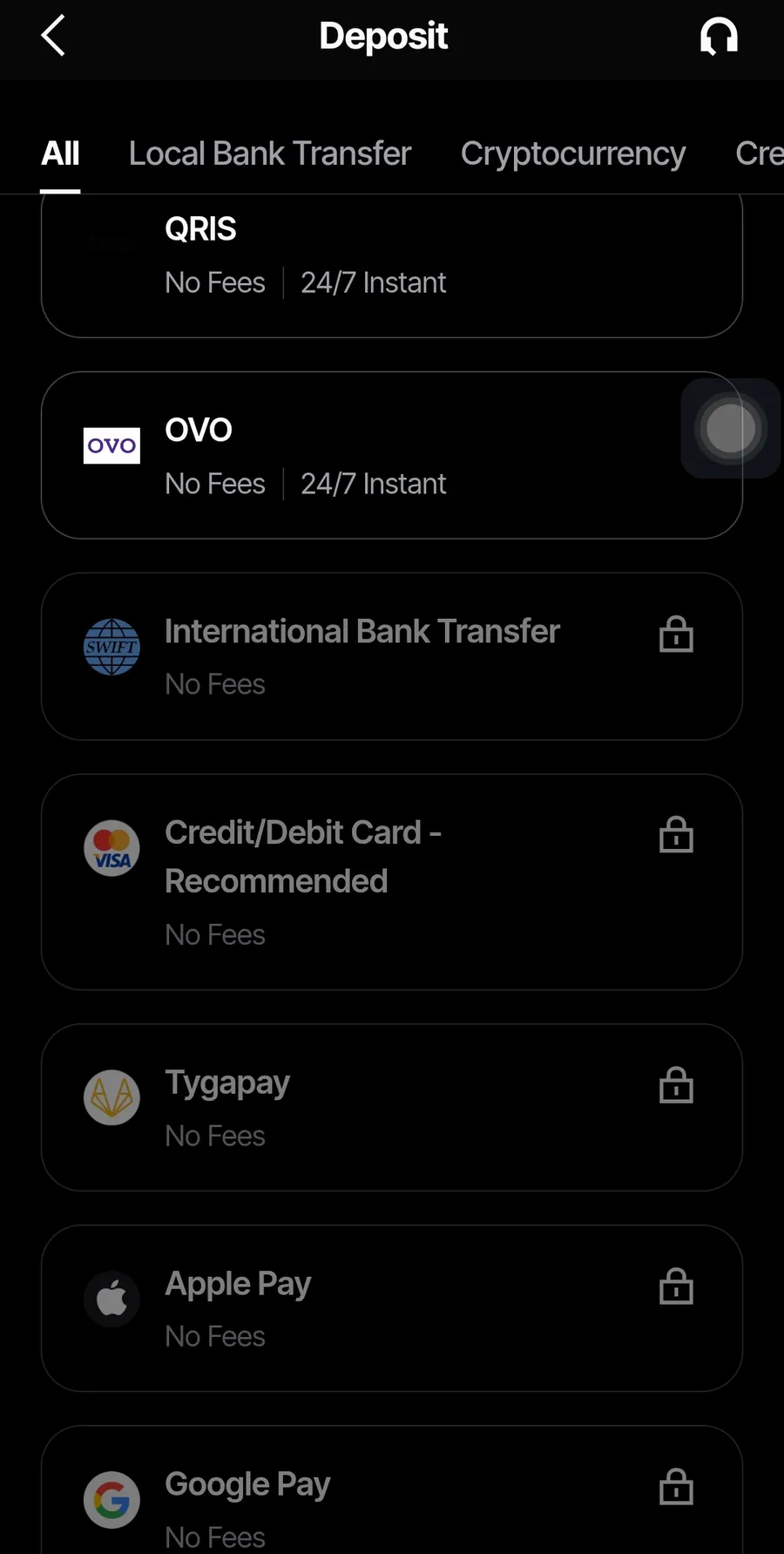 Daftar metode deposit di aplikasi Vantage dengan QRIS dan OVO terbuka
