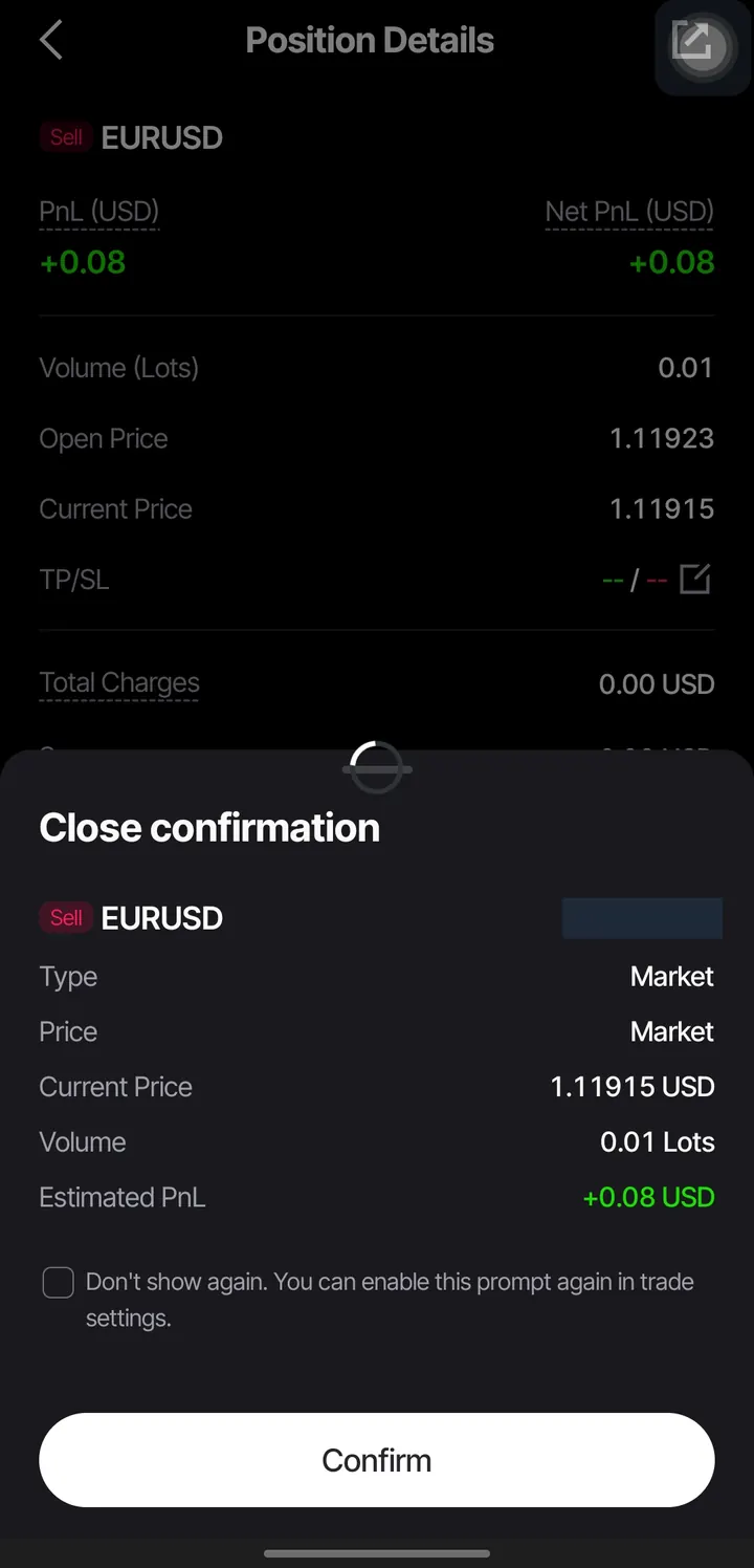 Konfirmasi tutup posisi EURUSD di aplikasi Vantage