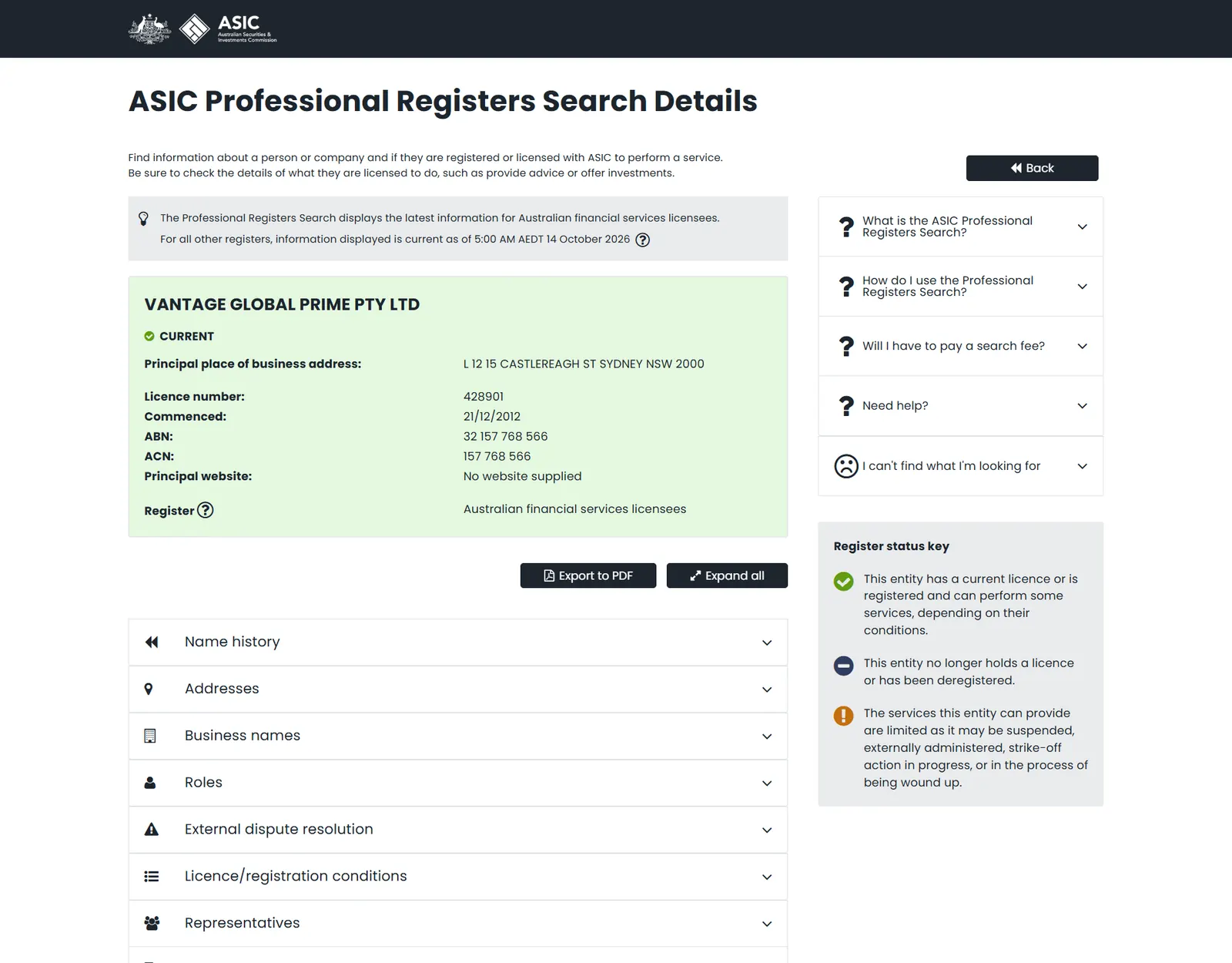 Register ASIC: Vantage Global Prime Pty Ltd