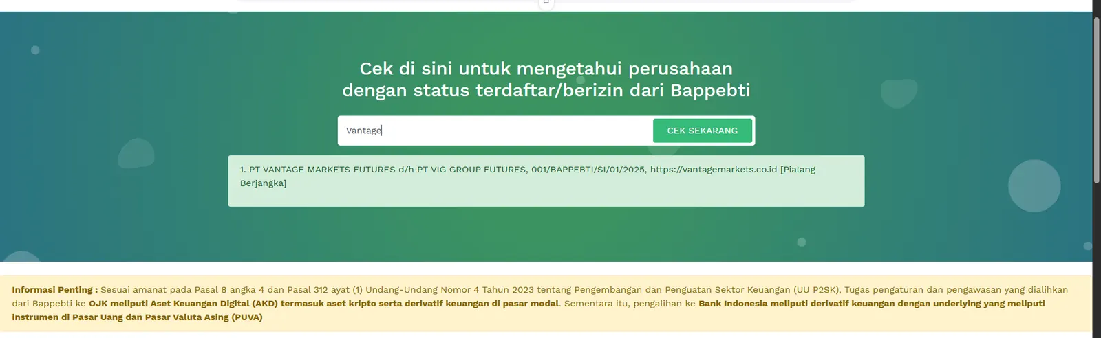Hasil Cek Legalitas Bappebti untuk PT Vantage Markets Futures