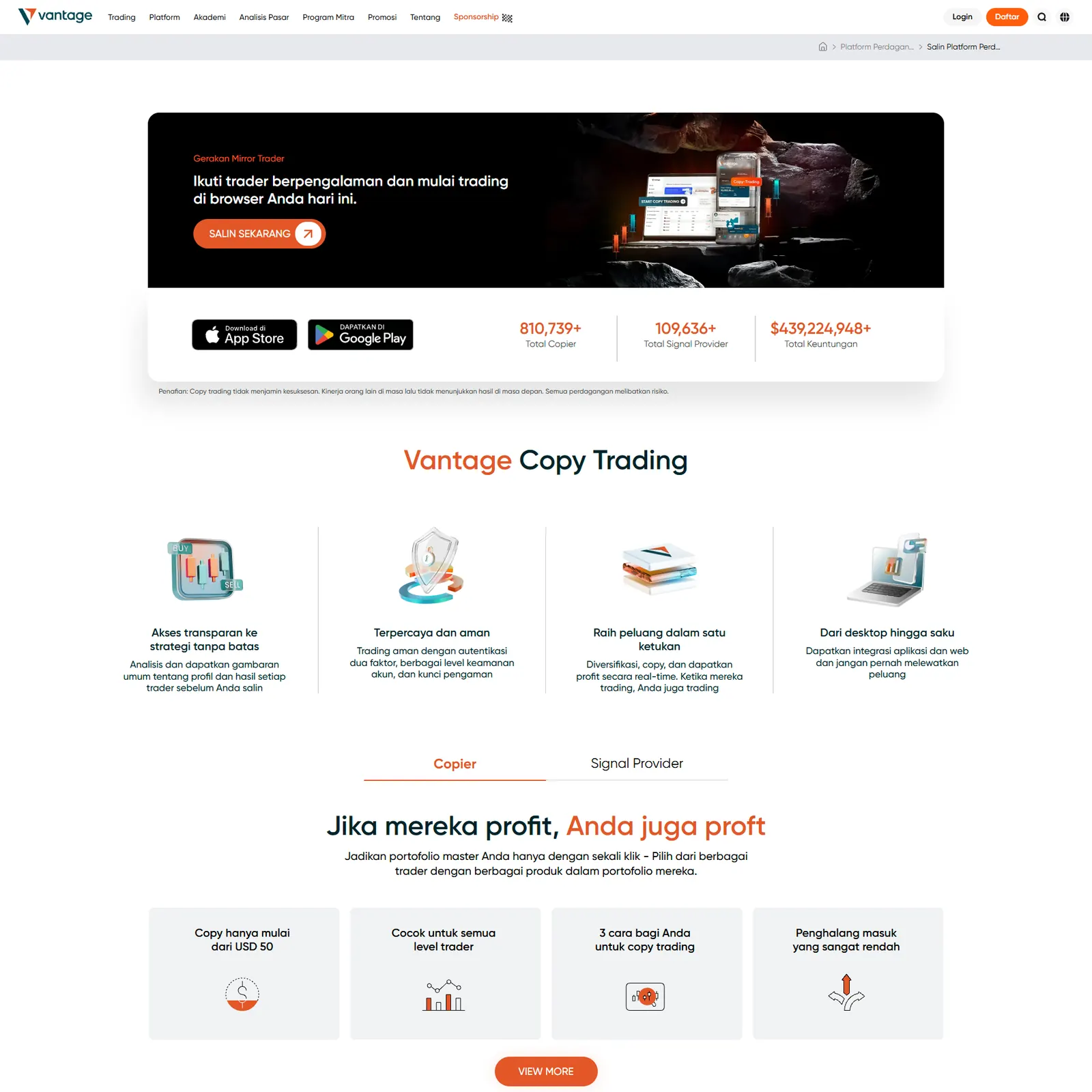 Halaman copy trading Vantage dengan statistik