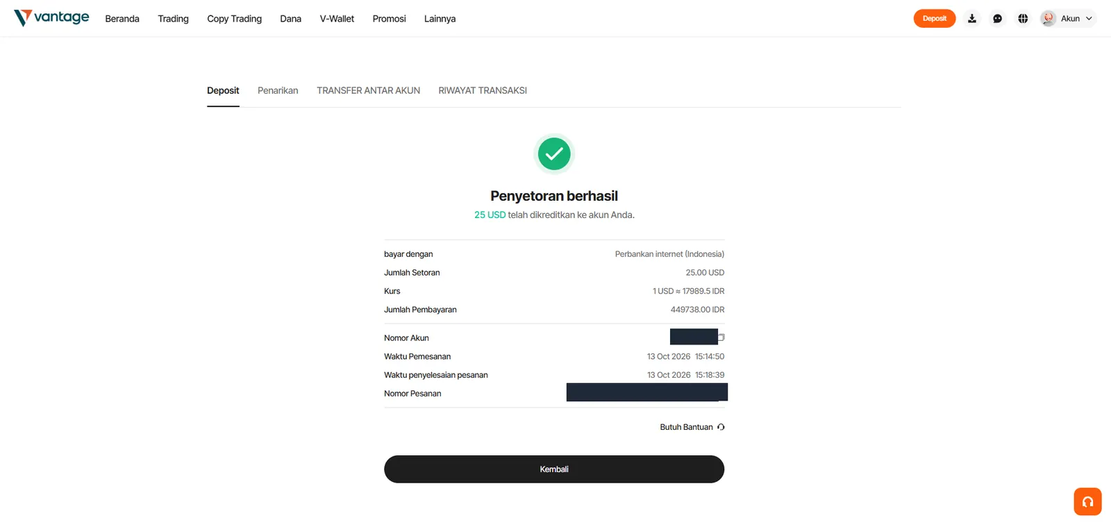 Deposit 25 USD berhasil dikreditkan di portal Vantage