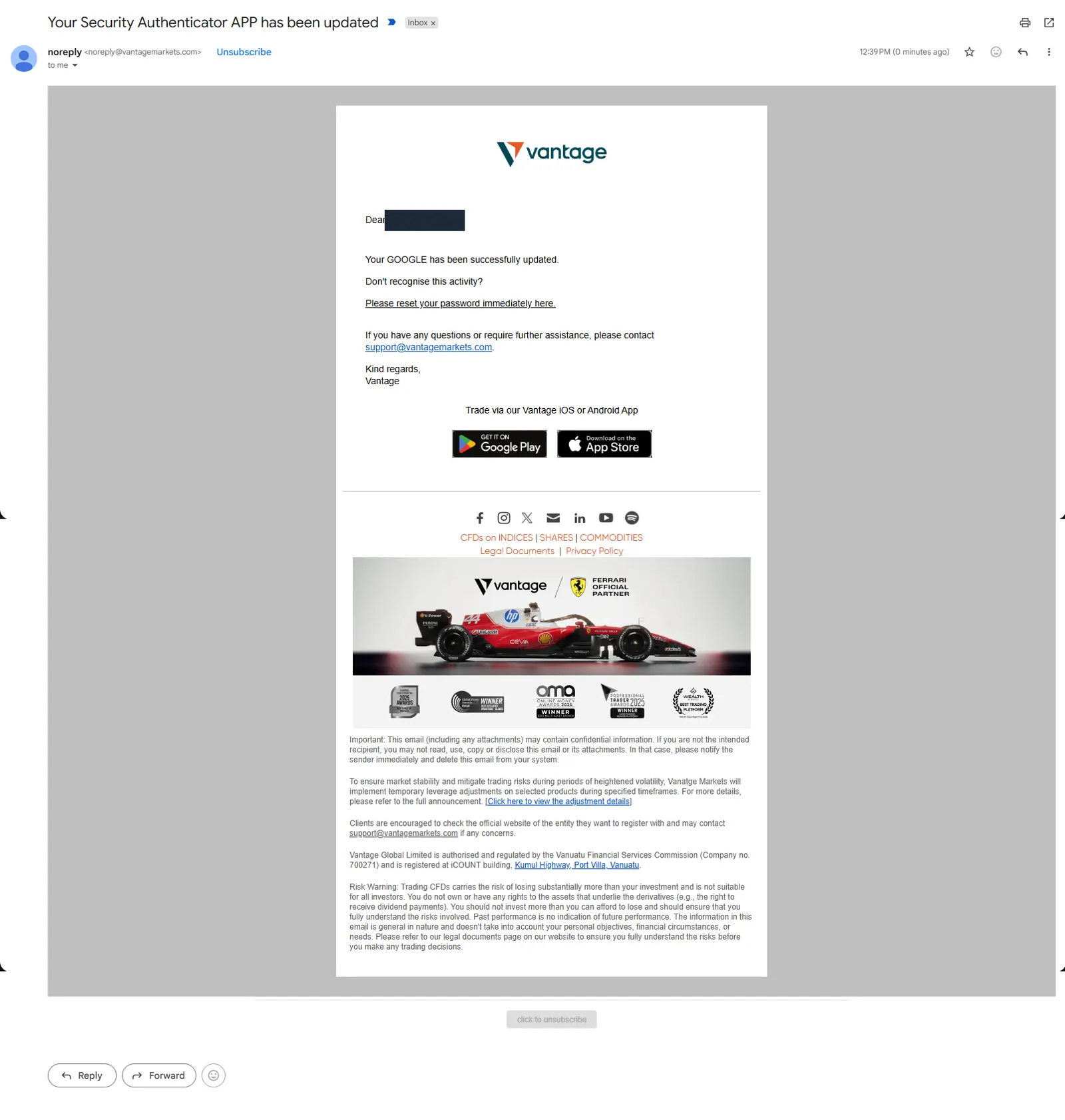 Email bahwa aplikasi autentikator keamanan Vantage diperbarui, nama disensor