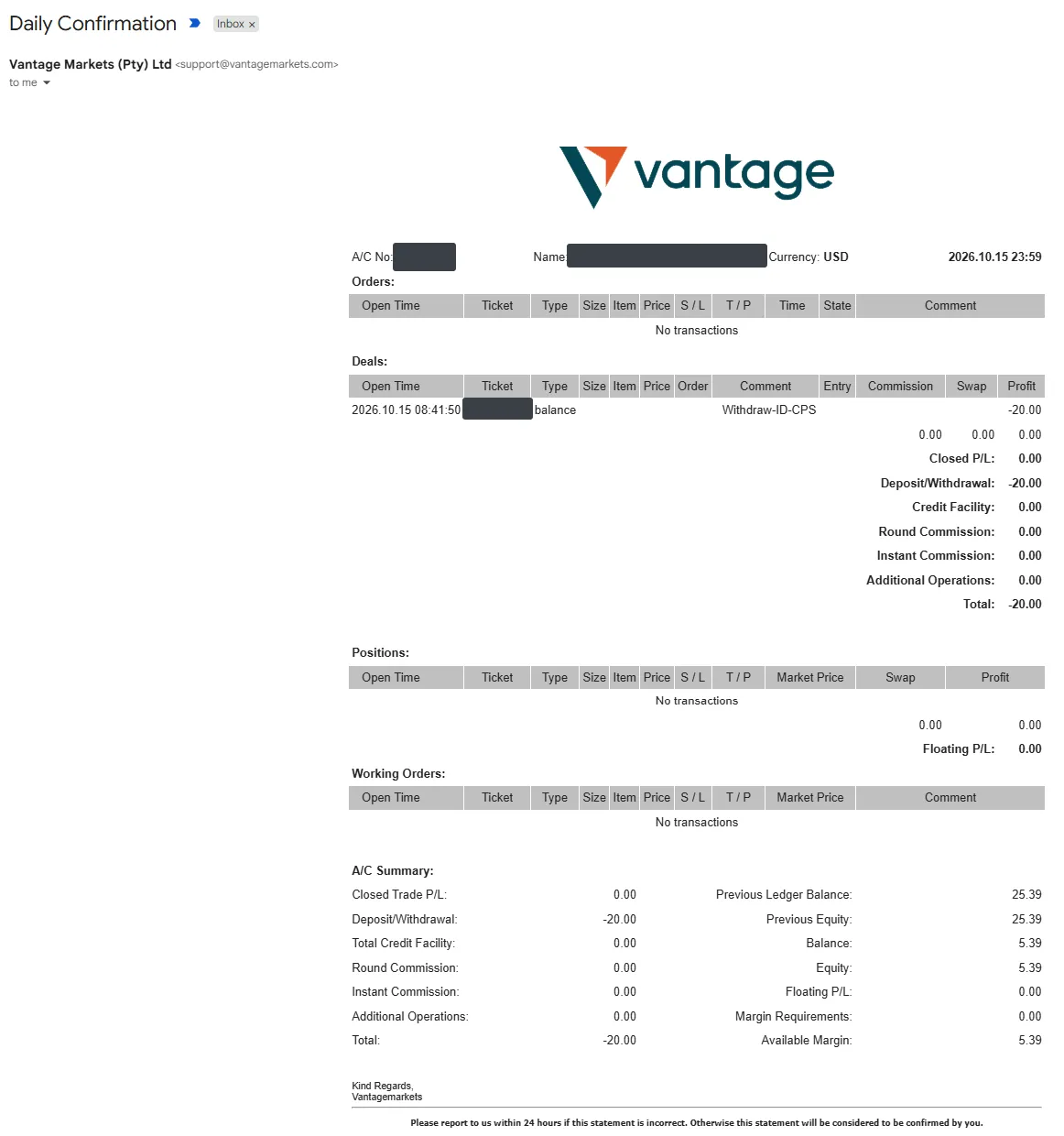 Konfirmasi harian Vantage dengan penarikan 20 USD, data pribadi disensor