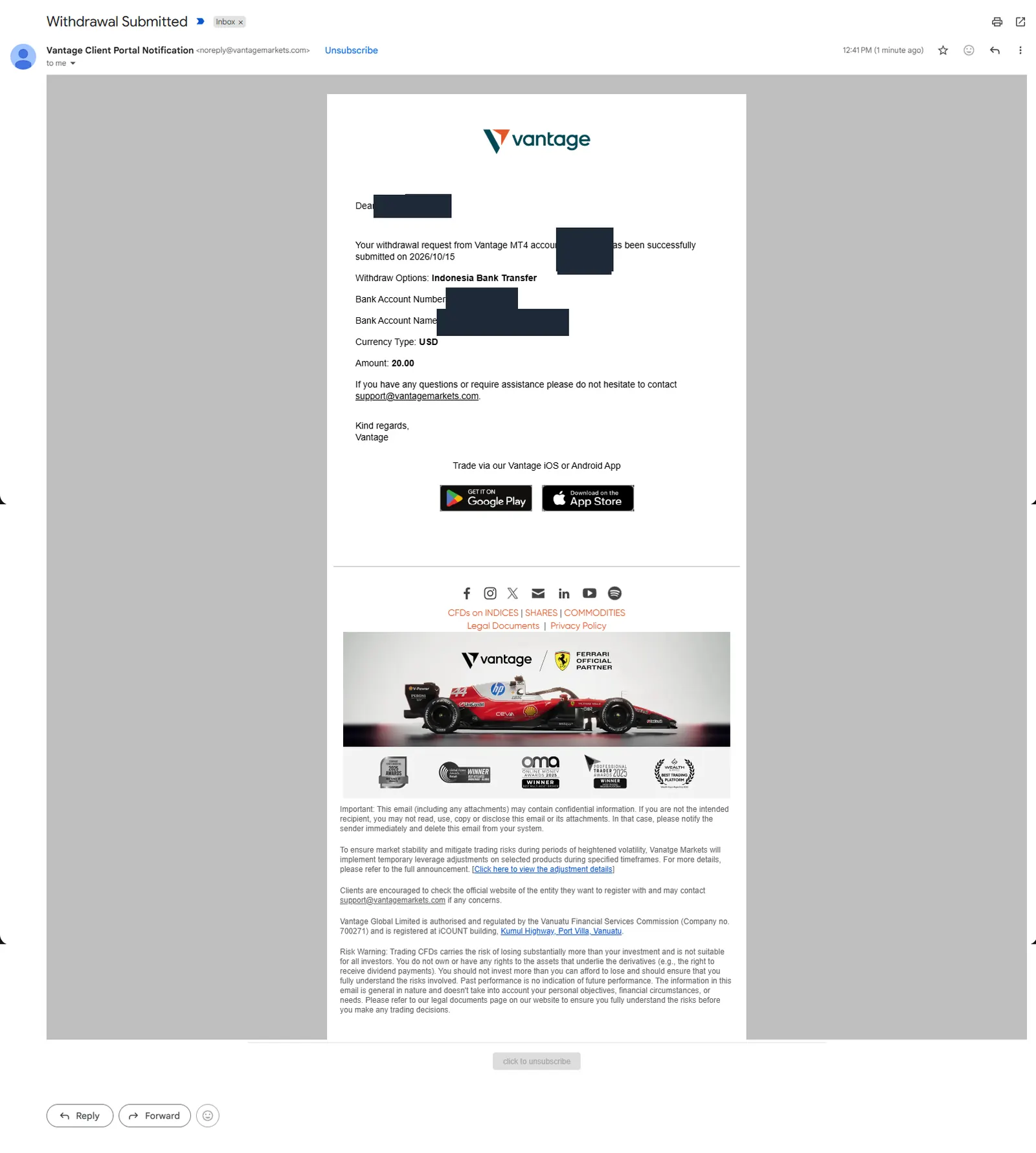 Email konfirmasi penarikan Vantage, data pribadi disensor