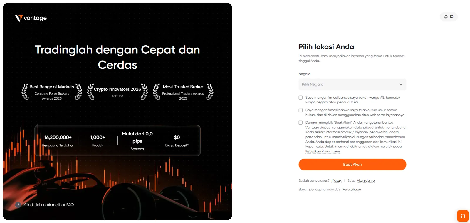 Layar pendaftaran Vantage dengan klaim headline