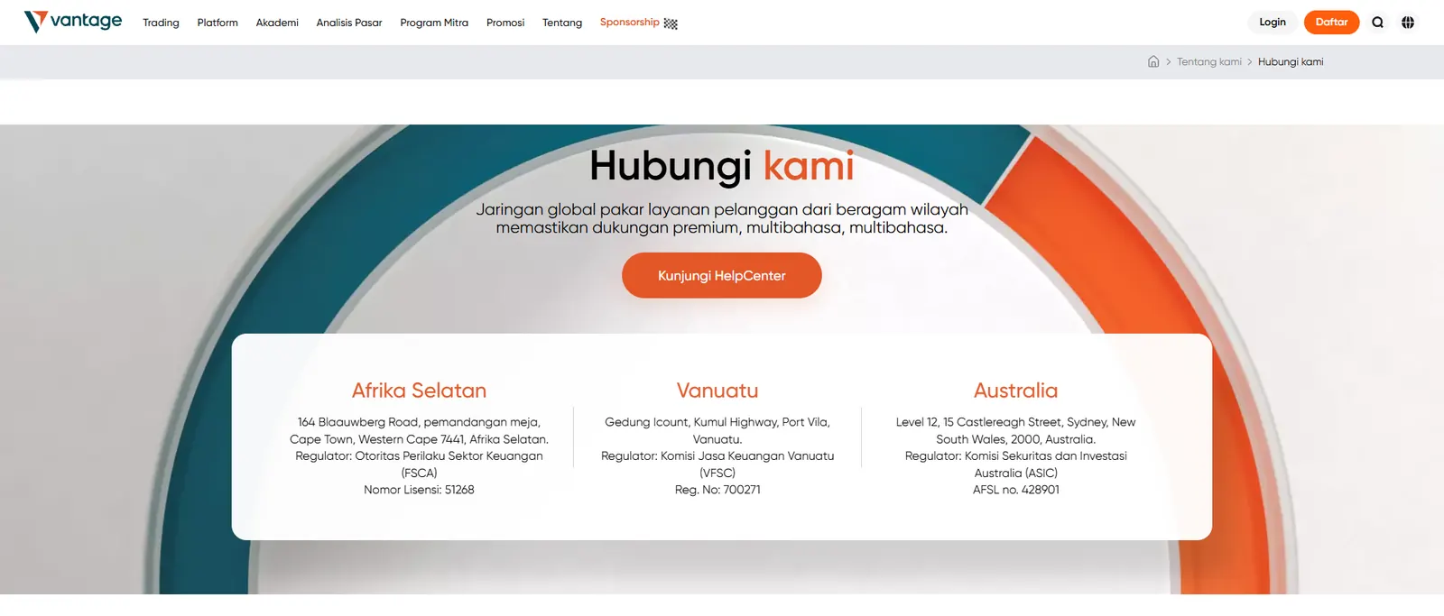 Halaman kontak Vantage dengan entitas dan regulatornya