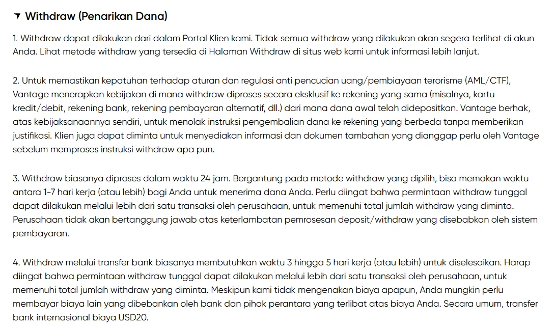 Bagian Withdraw pada Kebijakan Deposit dan Withdrawal Vantage