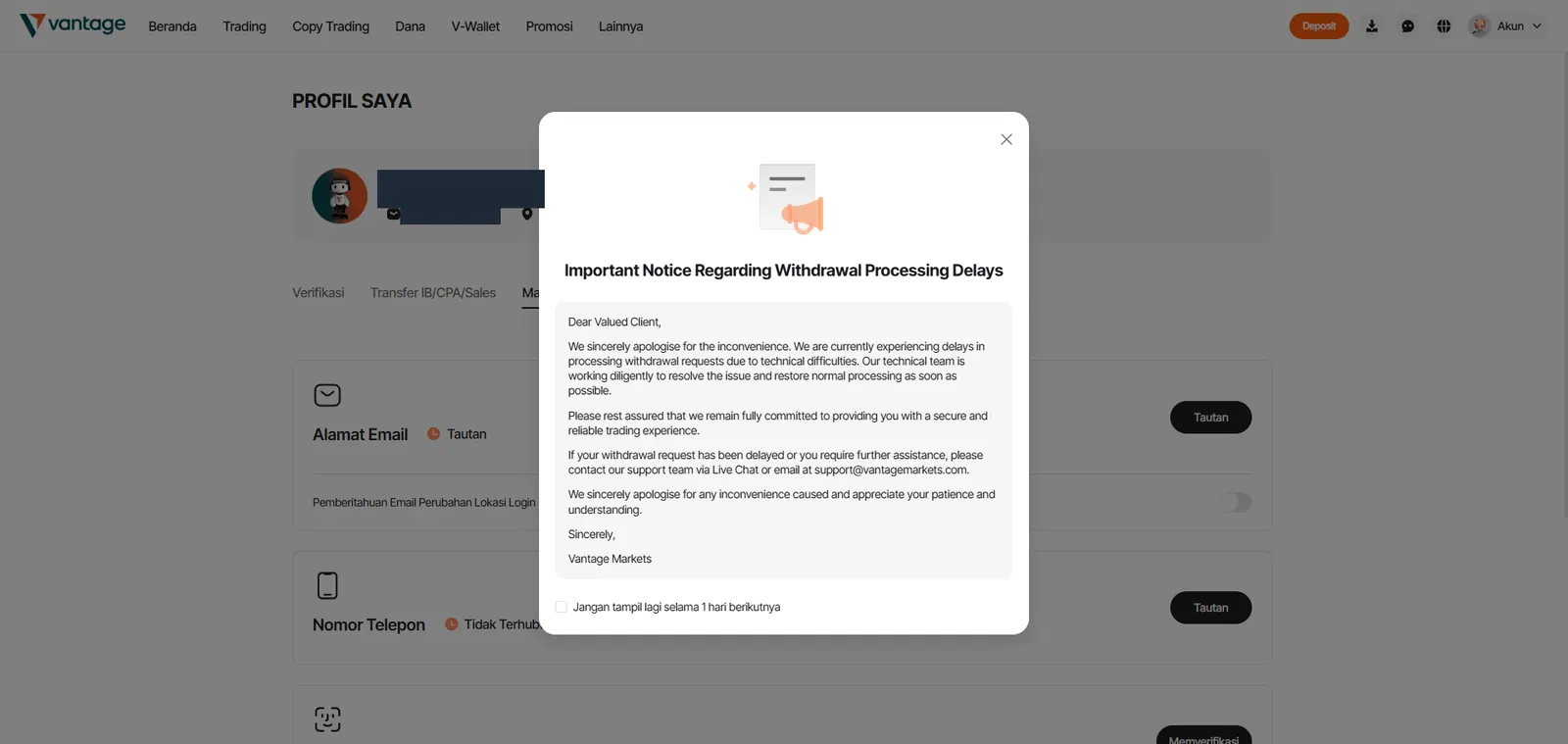Pemberitahuan keterlambatan proses penarikan di portal Vantage, data disensor