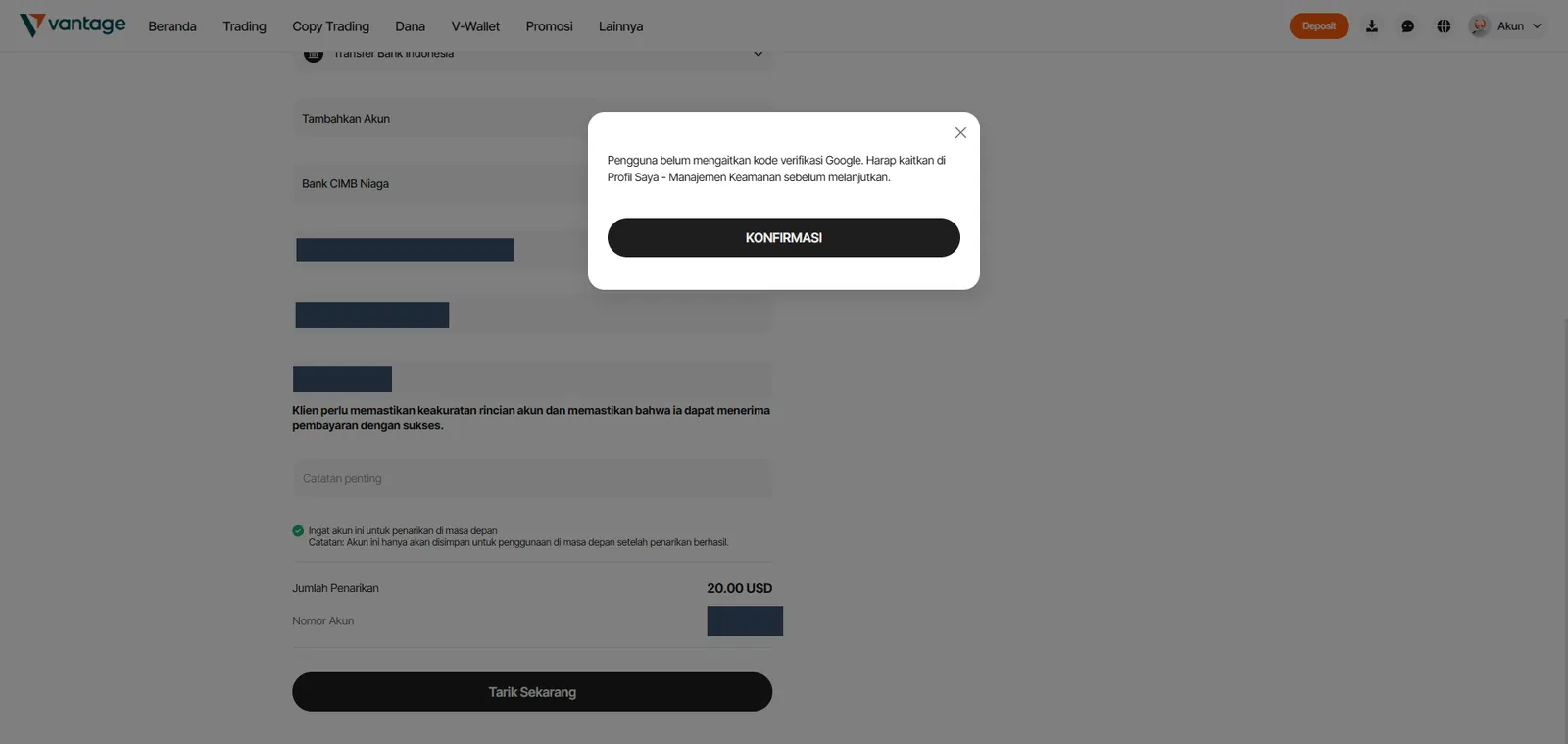 Penarikan tertahan karena kode verifikasi Google belum tertaut, data rekening disensor
