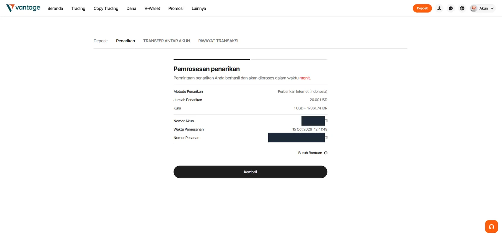 Konfirmasi permintaan penarikan 20 USD diproses