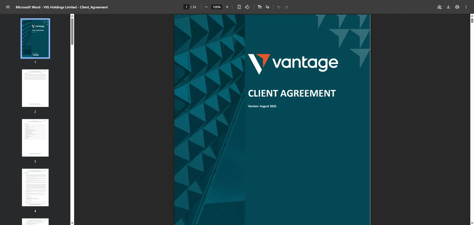 Sampul Client Agreement versi Agustus 2025 dengan judul dokumen VIG Holdings Limited