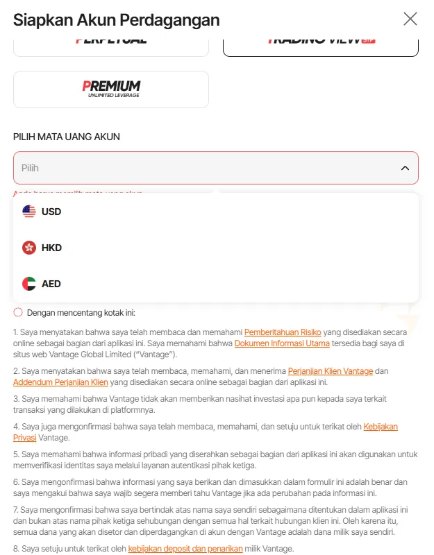 Pernyataan persetujuan saat menyiapkan akun live Vantage yang menyebut Vantage Global Limited