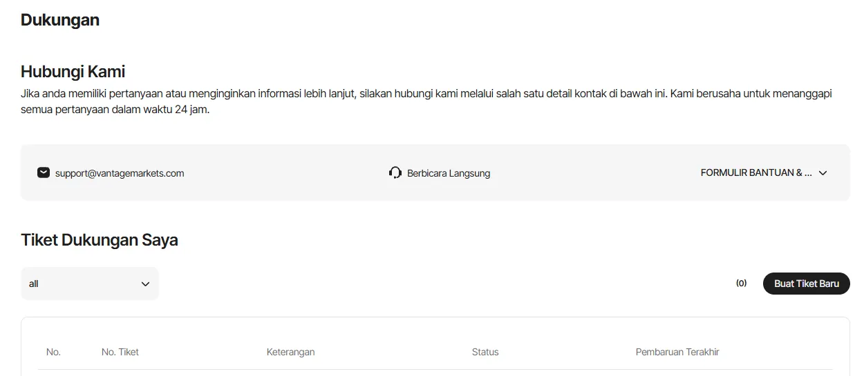 Halaman Dukungan di portal klien Vantage dengan tiket dukungan