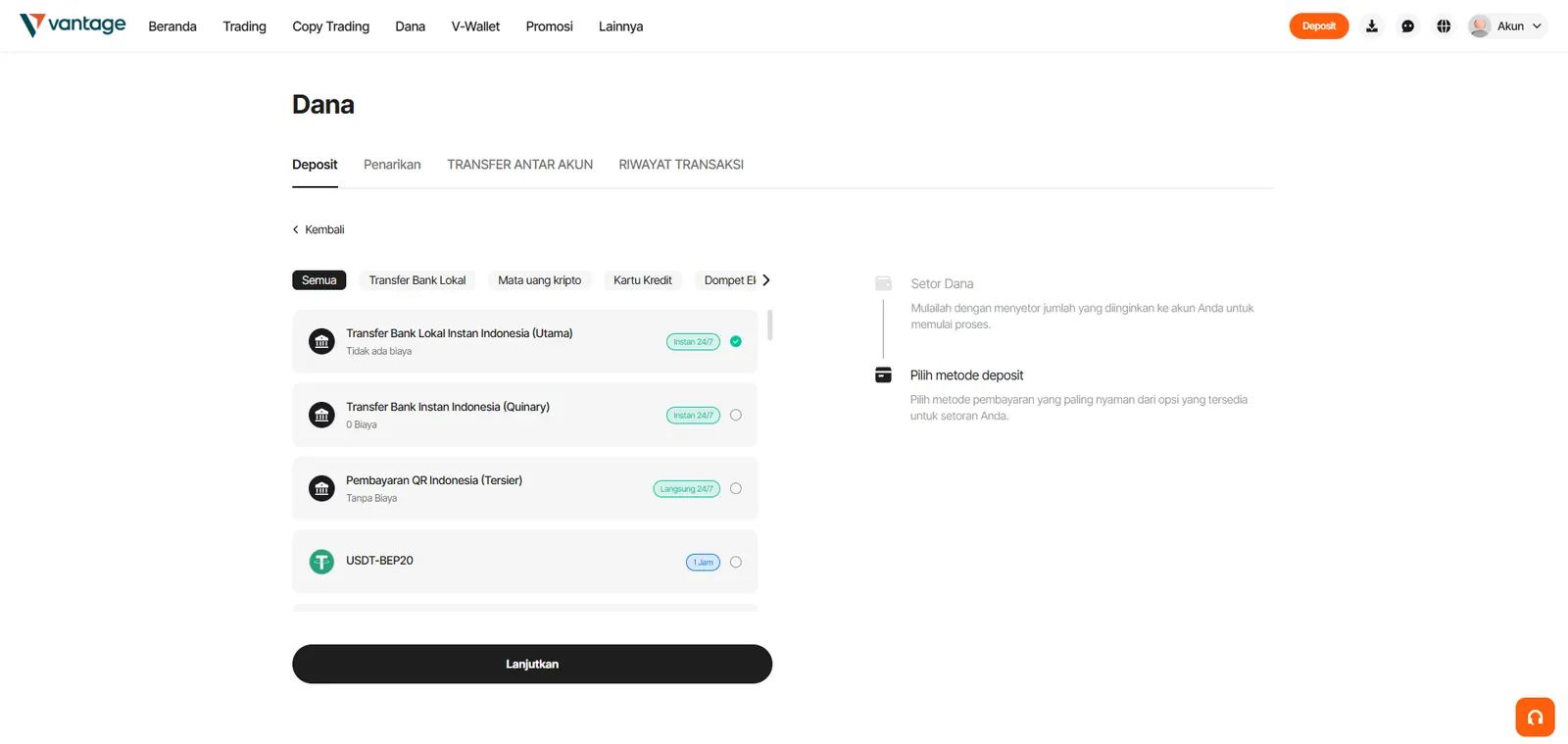 Pilihan metode deposit di portal Vantage