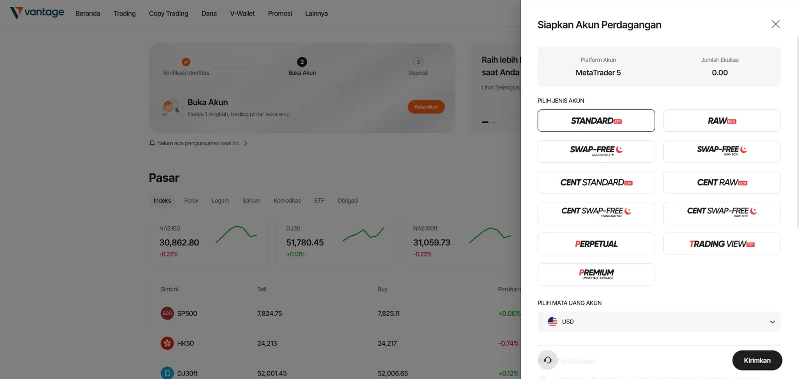 Pilihan jenis akun dan platform saat membuka akun Vantage