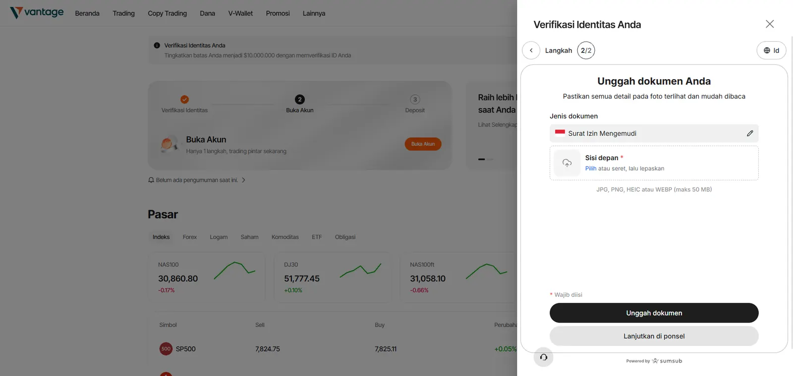 Langkah unggah dokumen identitas lewat Sumsub di portal Vantage